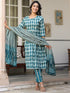 Teal Blue Pure Cotton Abstract A-line Kurta Set